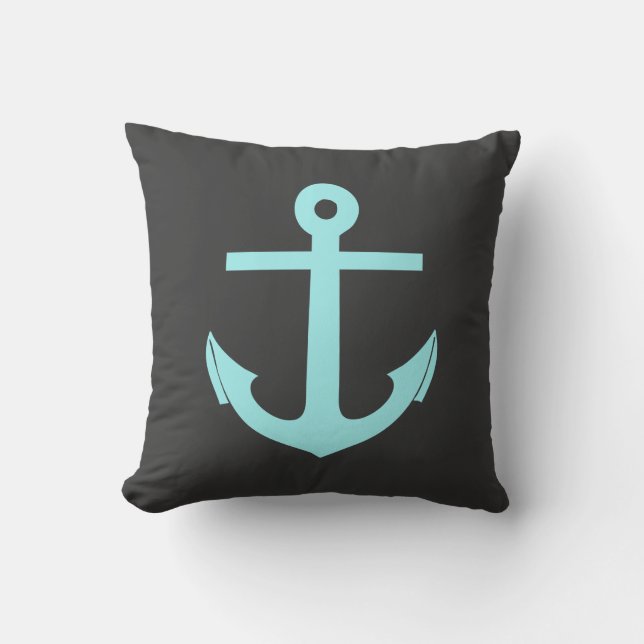 Black and Aqua Anchor Nautical Kissen Für Draußen (Vorderseite)