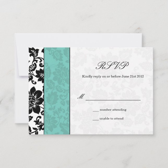 Black and Aqua Damask Wedding UAWG RSVP Karte (Vorderseite)