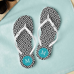 Black and Aqua Diamonds Mit Monogramm Flip Flops