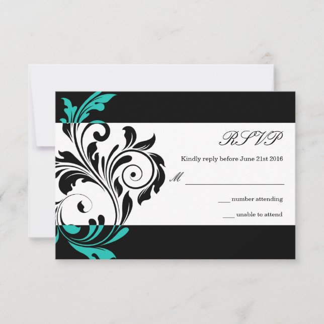 Black and Aqua Floral Swirl Wedding RSVP (Vorderseite)