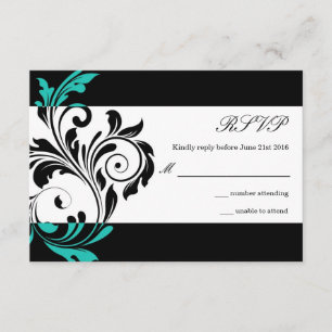 Black and Aqua Floral Swirl Wedding RSVP Karte