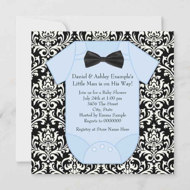 Black and Blue Damask Baby Boy Dusche Einladung (Vorderseite)
