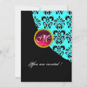 BLACK AND BLUE DAMASK MONOGRAM, Red ruby, Turquase Einladung