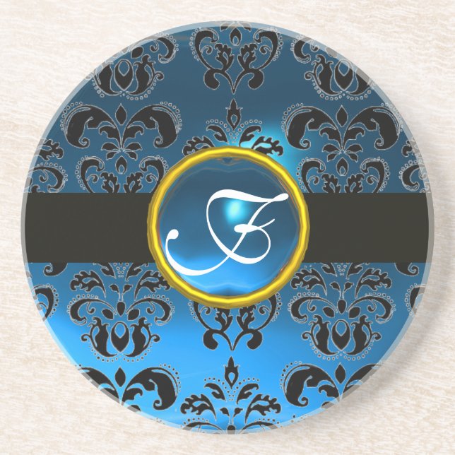 BLACK and BLUE DAMASK Saphir Monogramm Sandstein Untersetzer (Vorne)