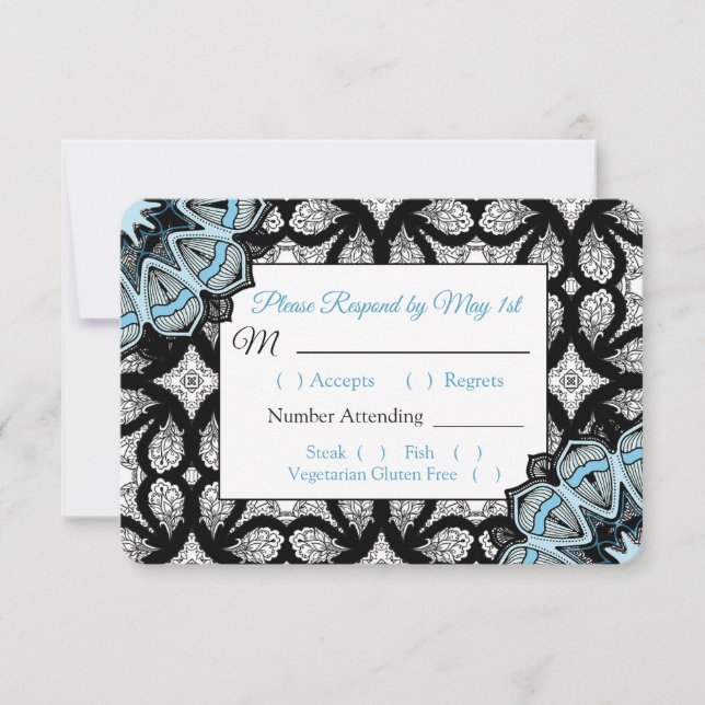 Black and Blue Mandala Wedding RSVP-Karte RSVP Karte (Vorderseite)