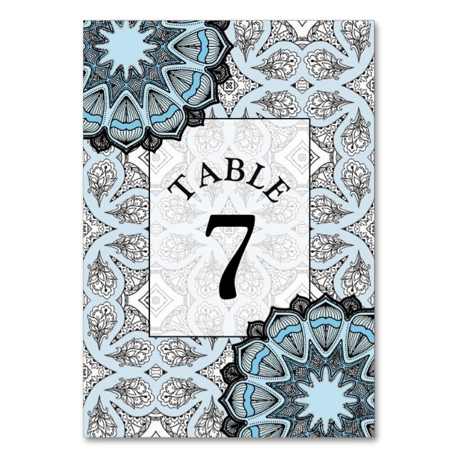 Black and Blue Mandala Wedding Tischnummer Card (Vorderseite)