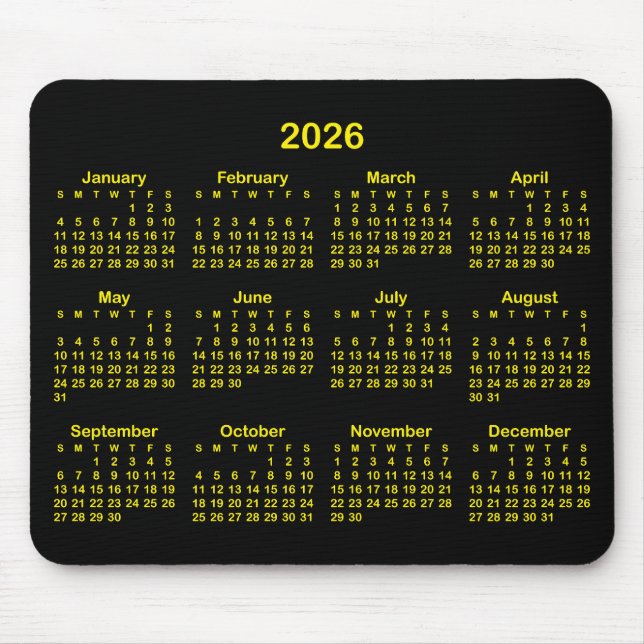Black and Bright Yellow 2026 Calendar Mousepad (Vorne)