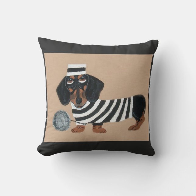 Black and Brown Dachshund Treat Thief Jailbird Kissen (Vorderseite)