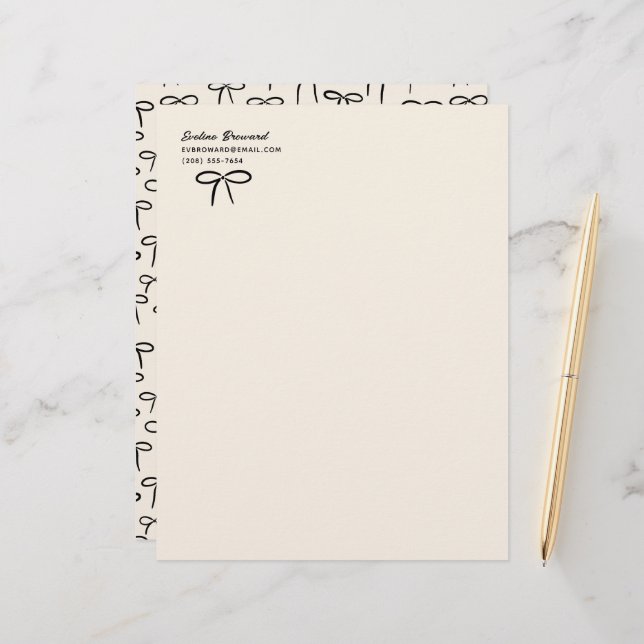 Black and Cream Simple Bows Personal Stationery Briefbogen (Vorderseite/Rückseite Beispiel)