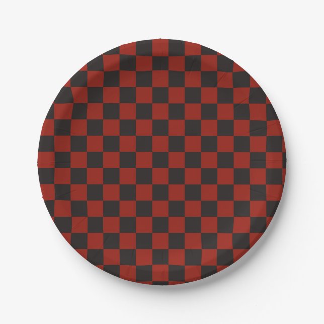 Black and Deep red checkerboard pattern Pappteller (Vorderseite)