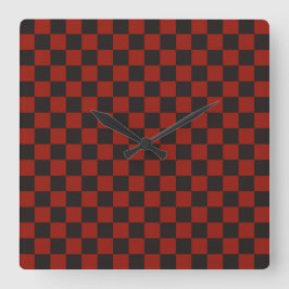 Black and Deep red checkerboard pattern Quadratische Wanduhr