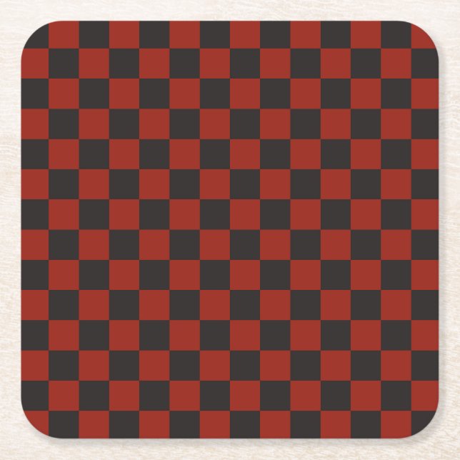 Black and Deep red checkerboard pattern Rechteckiger Pappuntersetzer (Vorderseite)