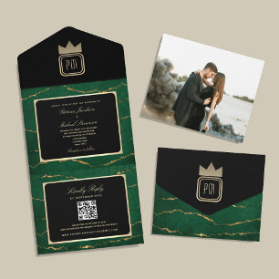 Black and Emerald Green Wedding All In One Einladung