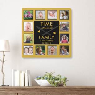 Black and Gold 12 Foto Collage Family Time Quote Quadratische Wanduhr