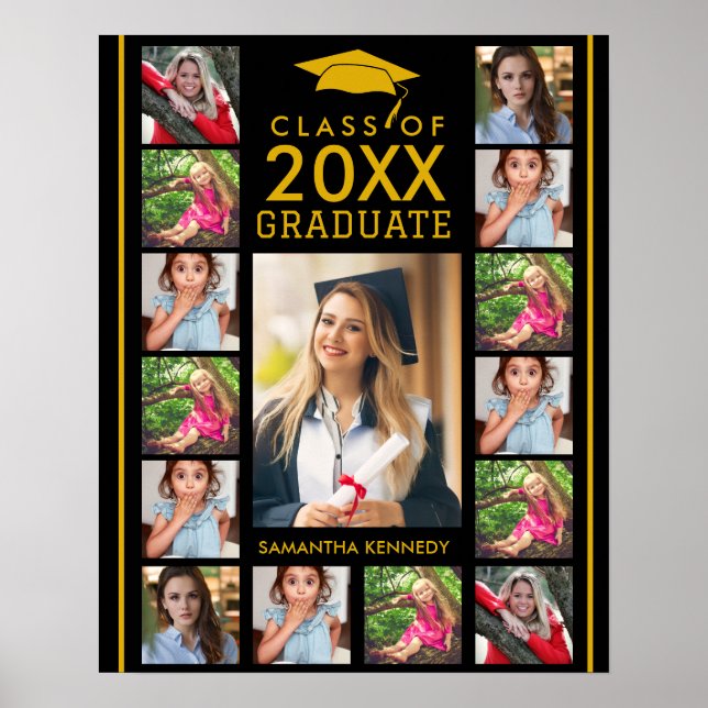 Black And Gold 17 Photo Collage 2026 Graduation Poster (Vorne)
