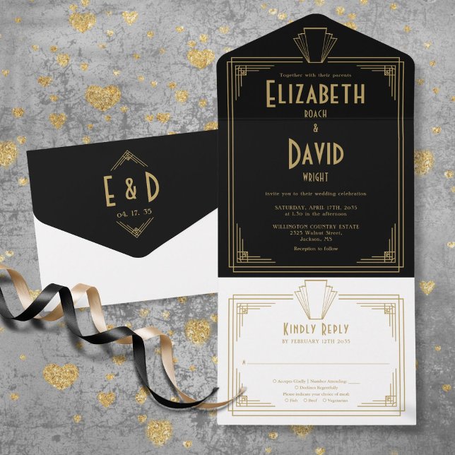 Black and Gold 1920er Art Deco Monogram Wedding All In One Einladung (Black And Gold 1920s Art Deco Monogram Wedding All In One Invitation)