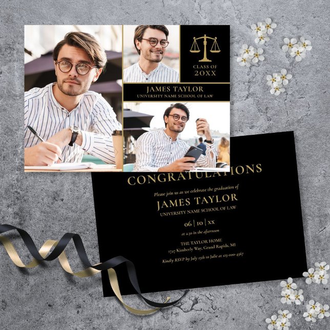 Black and Gold 3 Foto Law School Graduation Party Einladung (Black And Gold 3 Photo Law School Graduation Party Invitation)
