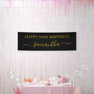 Black and Gold 50. Geburtstag Eleganter Swash Name Banner