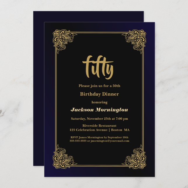 Black and Gold 50. Geburtstagsessen Einladung (Vorne/Hinten)