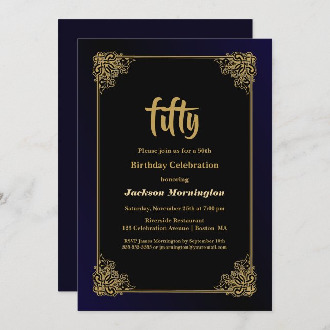 Black and Gold 50. Geburtstagsparty Einladung (Vorne/Hinten)