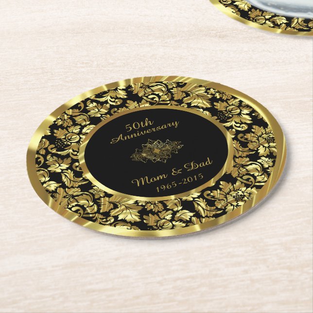 Black and Gold 50. Hochzeitstag Runder Pappuntersetzer (Angewinkelt)