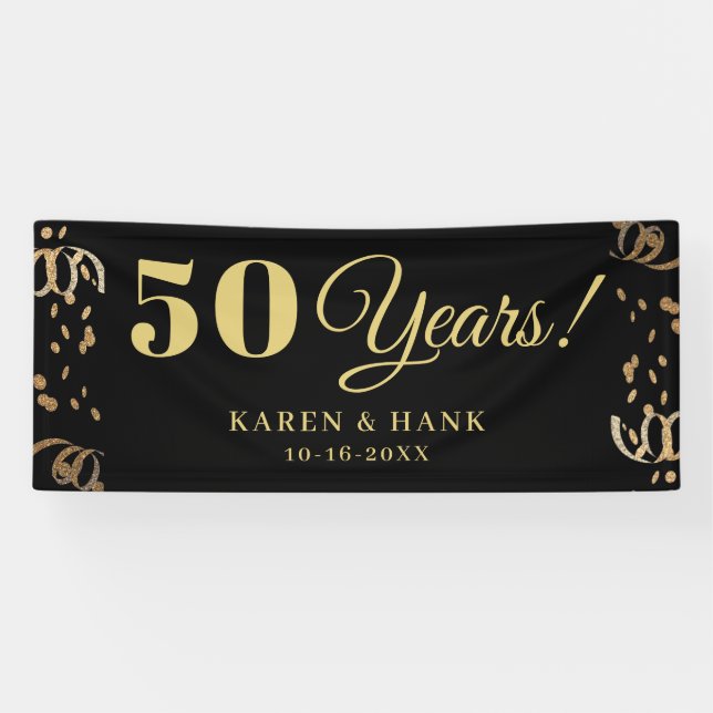 Black and Gold 50 Jahre Party Personalisiert Banner (Horizontal)