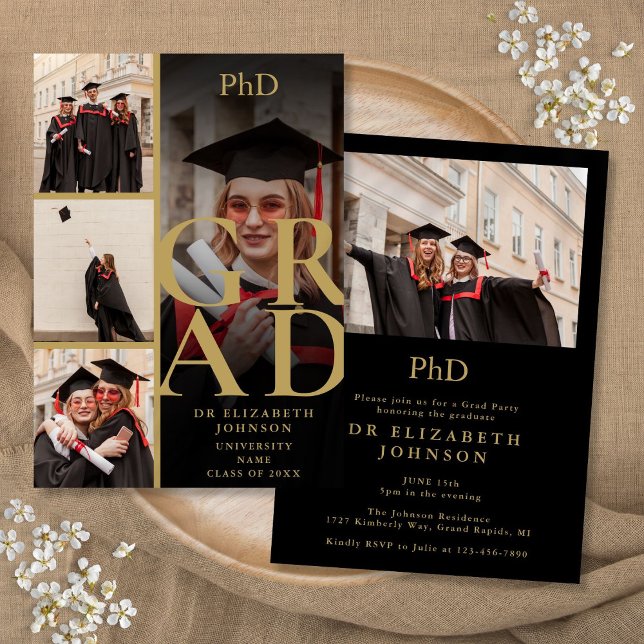 Black and Gold 5 Foto Doktorgrad Party Einladung (Black And Gold 5 Photo PhD Degree Graduation Party Invitation)