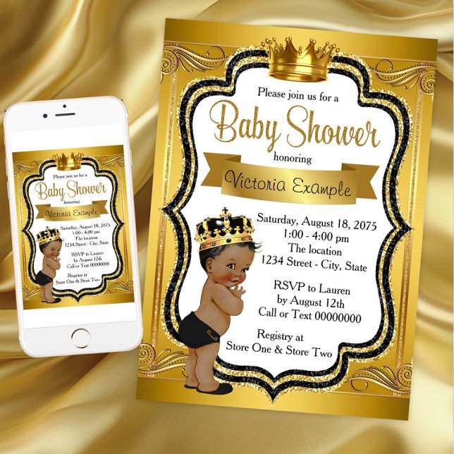 Black and Gold African American Prince Baby Dusche Einladung (Instant Download Black Gold Prince Baby Shower Invitation. Printed invitations available.)