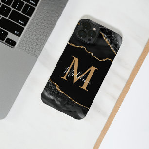 Black and Gold Agate Geode Monogram iPhone iPhone 14 Hülle