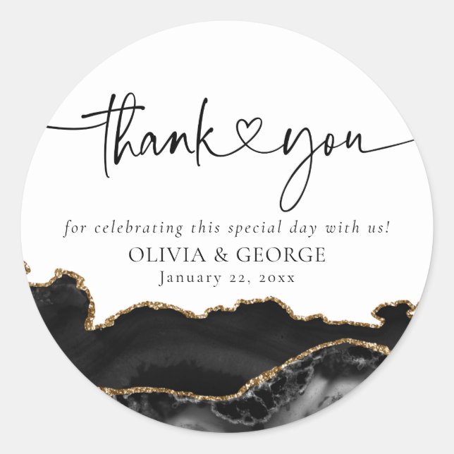 Black and Gold Agate Wedding Danke Stickers (Vorderseite)