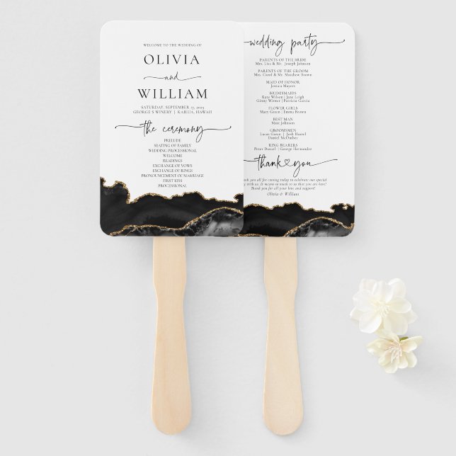 Black and Gold Agate Wedding Program Hand Fan Fächer (Vorne und Hinten)