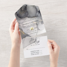Black and Gold Alcohol Ink Wedding All In One Einladung