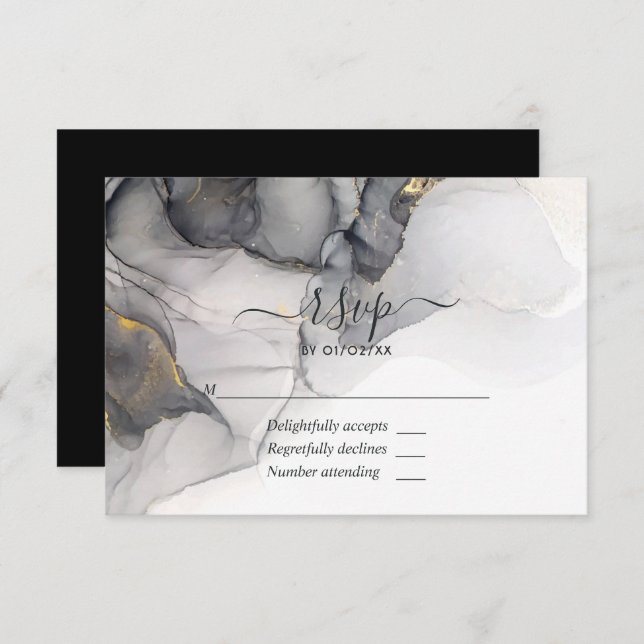 Black and Gold Alcohol Ink Wedding RSVP Card (Vorne/Hinten)