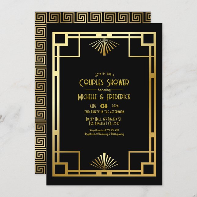 Black and Gold Art Deco Couples Shower Photo Einladung (Vorne/Hinten)