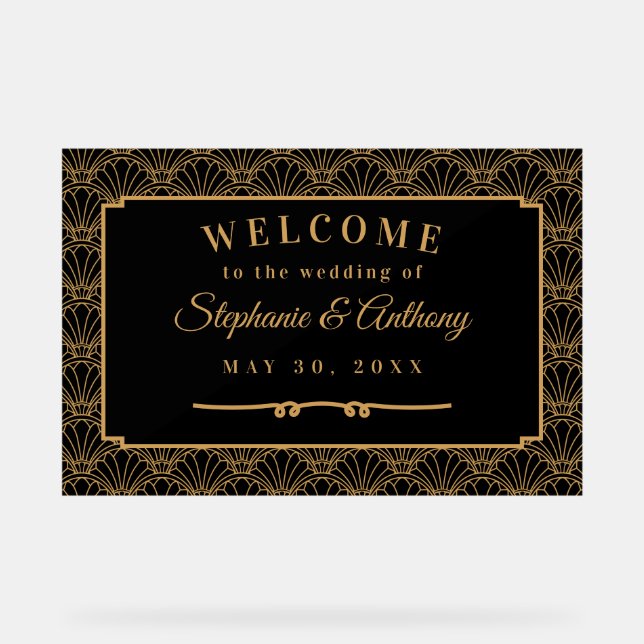 Black and Gold Art Deco Fan Blume Hochzeit Acrylschild (Vorderseite)