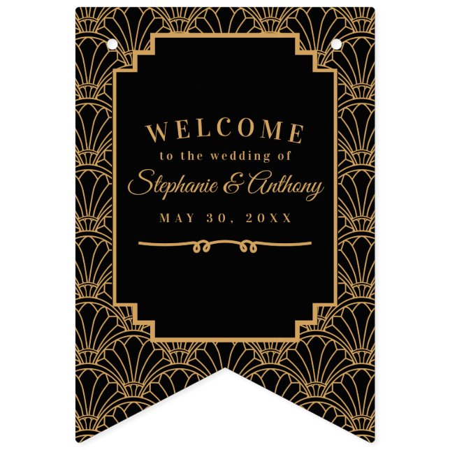 Black and Gold Art Deco Fan Blume Hochzeit Bann Wimpelkette (Elfte Fahne)