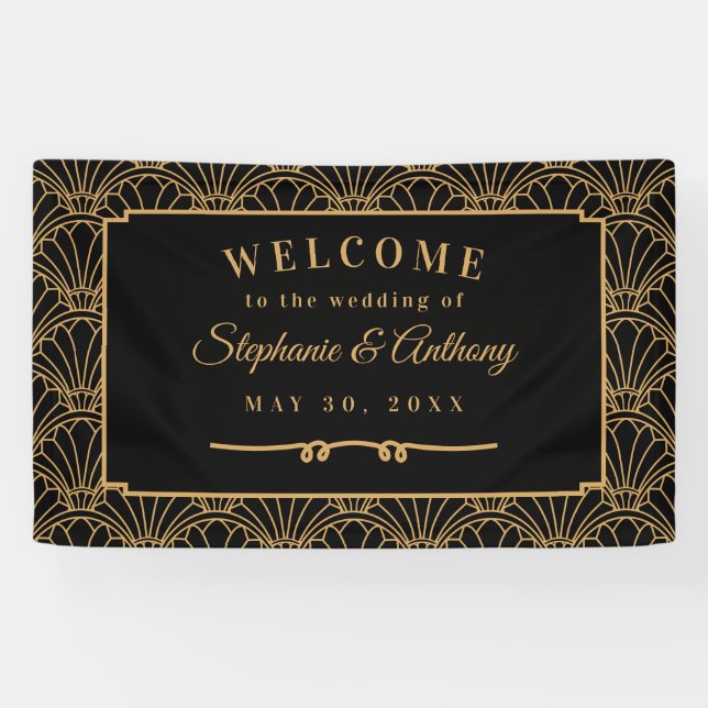 Black and Gold Art Deco Fan Blume Hochzeit Banner (Horizontal)