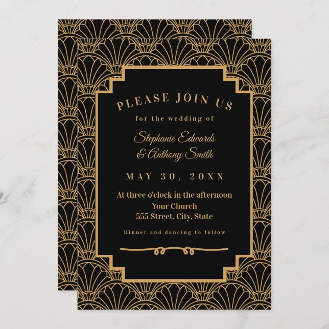 Black and Gold Art Deco Fan Blume Hochzeit Einladung (Vorne/Hinten)