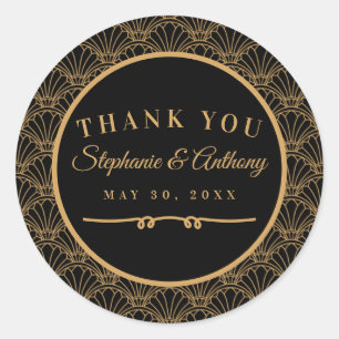 Black and Gold Art Deco Fan Blume Hochzeit Runder Aufkleber