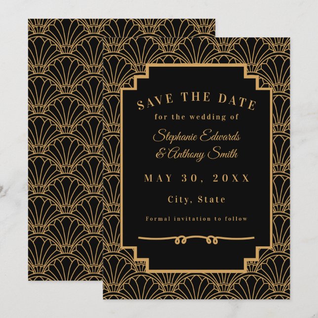 Black and Gold Art Deco Fan Blume Hochzeit Save The Date (Vorne/Hinten)
