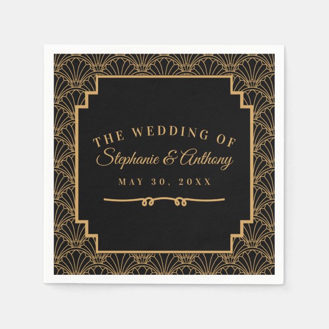 Black and Gold Art Deco Fan Blume Hochzeit Serviette (Vorderseite)