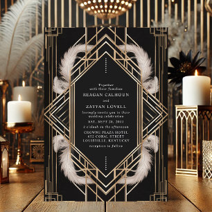 Black and Gold Art Deco Feather Wedding Einladung