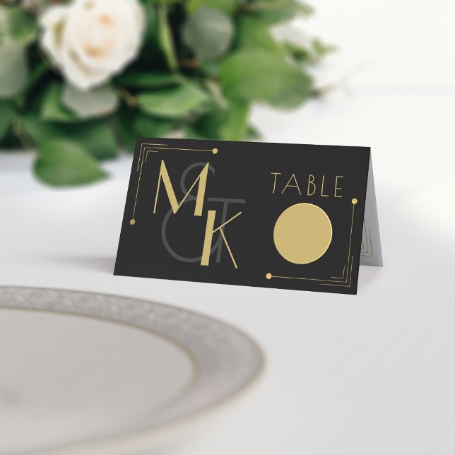 Black and Gold Art Deco Gatsby 1920er Hochzeit Platzkarte (Black & Gold Art Deco inspired place card suitable for 1920s themed weddings. Just add your details)