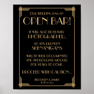 Black and Gold Art Deco Gatsby Open Bar Schild 8x1