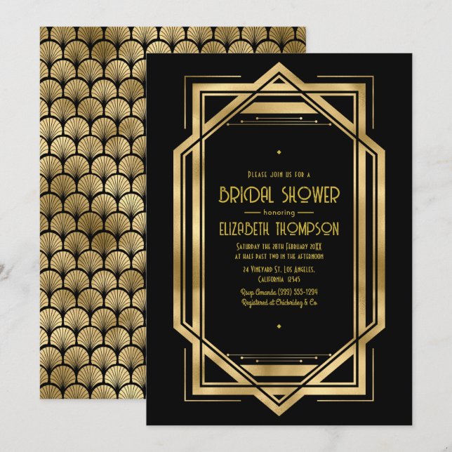 Black and Gold Art Deco Gold Bridal Shower Einladung (Vorne/Hinten)