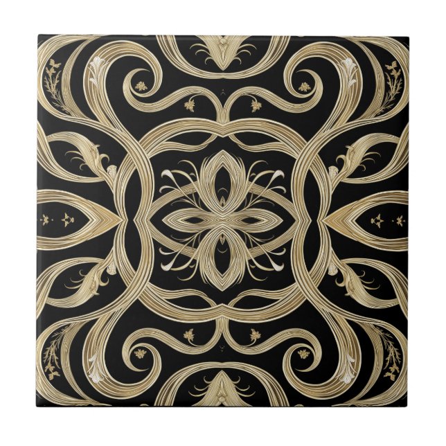Black and Gold Art Deco Ornate Design Fliese (Vorderseite)