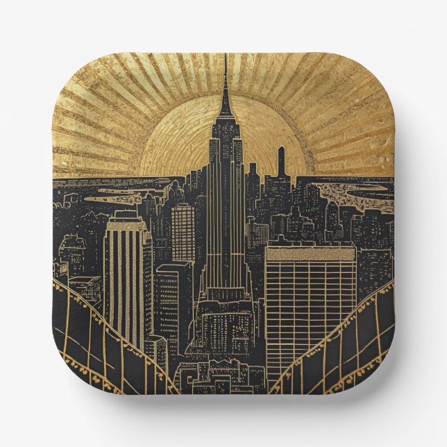 Black and Gold Art Deco Paper Plates Pappteller (Vorderseite)