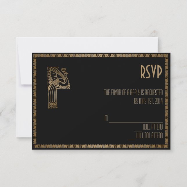 Black and Gold Art Deco Pfauenkarte RSVP Karte (Vorderseite)