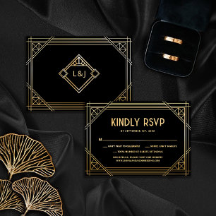 Black and Gold Art Deco Wedding Monogram RSVP Card Dankeskarte