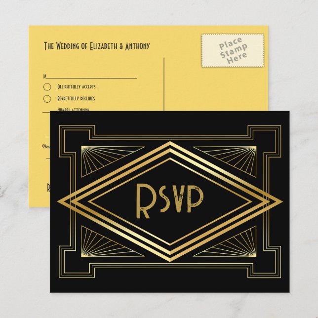 Black and Gold Art Deco Wedding RSVP QR Code Postkarte (Vorne/Hinten)